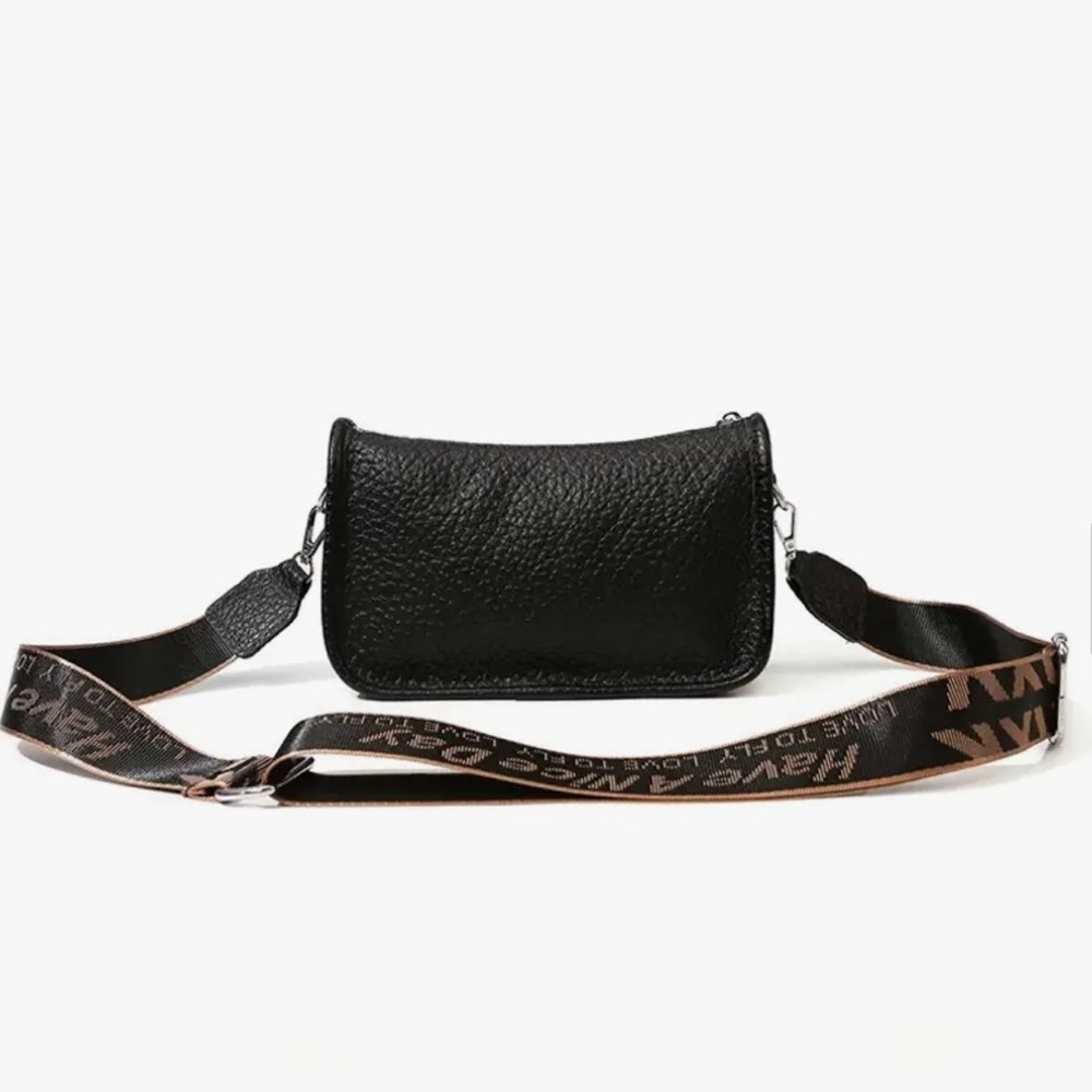 Black Pebble Textured Shoulder Bag with Logo Strap NIP